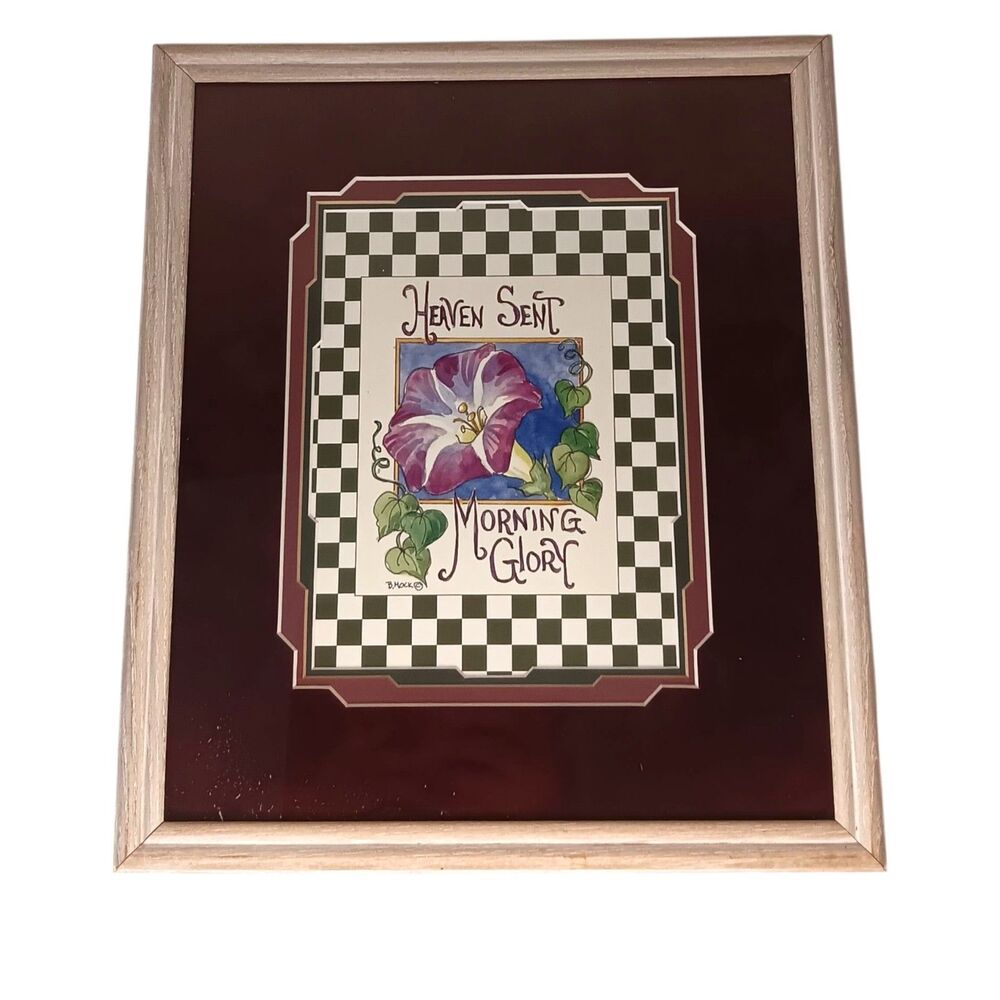 VTG Barbara Mock Morning Glory Print Matted Framed Purple Blue Black White Check
